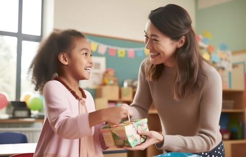 smiling woman handing a gift to a young girl in a classroom